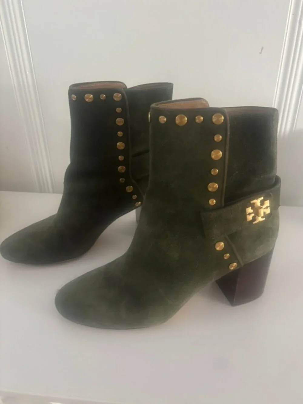 Tori Burch Kira Boots, Olive Green with Studded Gold Hardware- US Size 8
